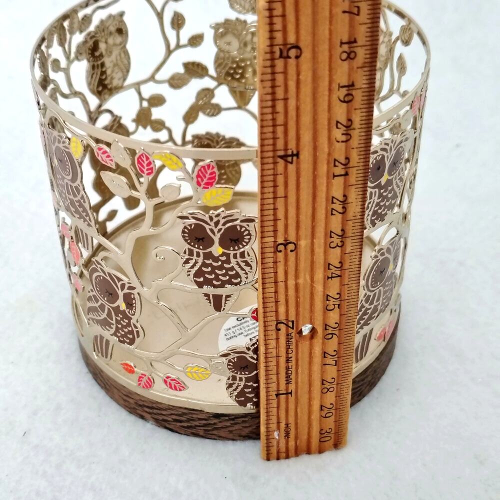 Bath & Body Works Sleeping Owl Gold Metal 3 Wick Candle Holder Leaves Fall Color - Picture 7 of 8